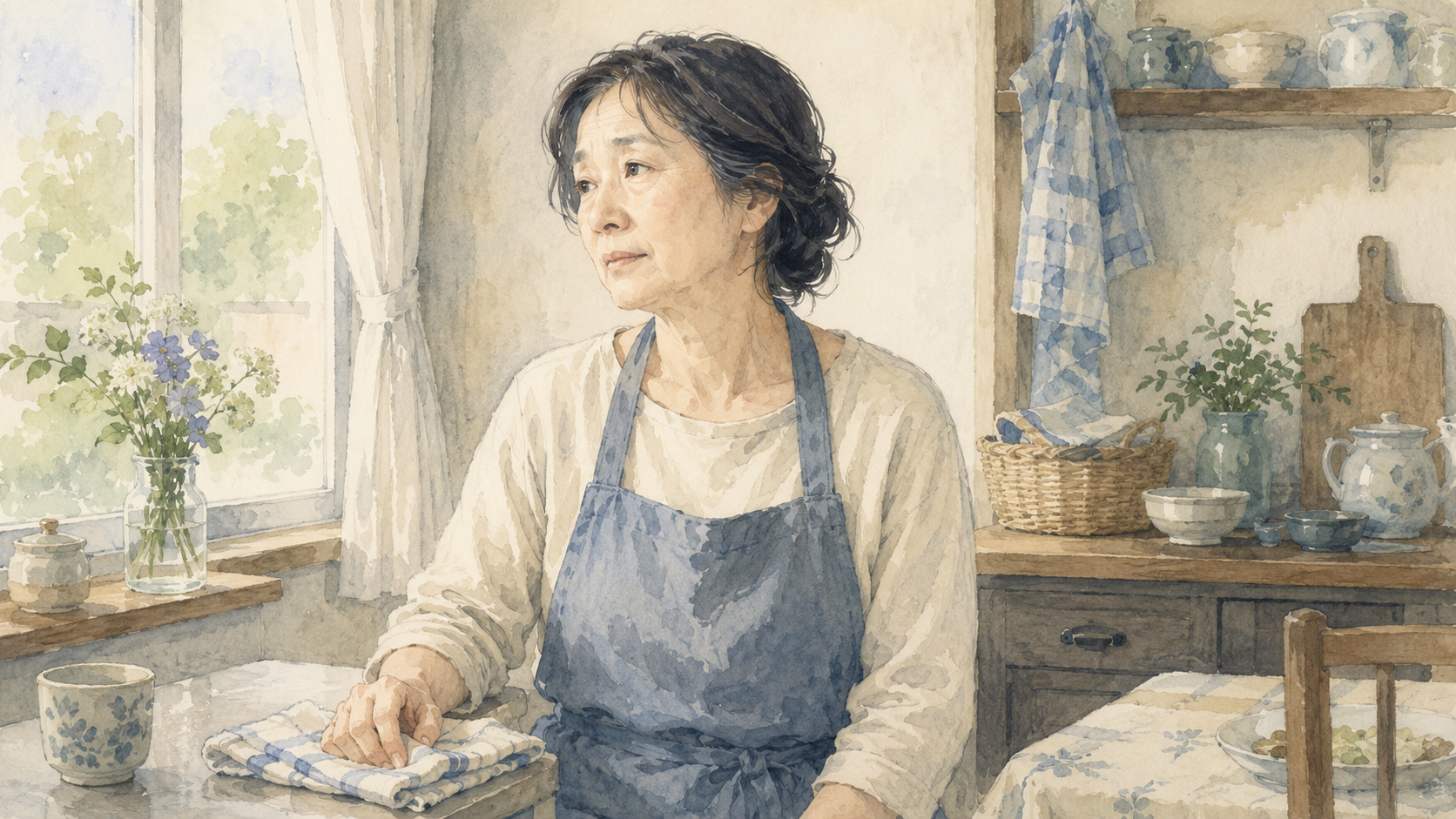 やわらかな水彩・手描き風イラスト。明るいリビングのテーブルを囲んで、40〜50代のきょうだい3人ほどが、穏やかに、しかし真剣に話し合っている場面。対立ではなく、互いに耳を傾け合う協力的であたたかい雰囲気。淡くにじむ水彩のタッチ、落ち着いた青と生成りのトーン、窓辺のやわらかな光。手描きのぬくもり。横長構図16:9。文字は入れない。実在の人物には似せない。